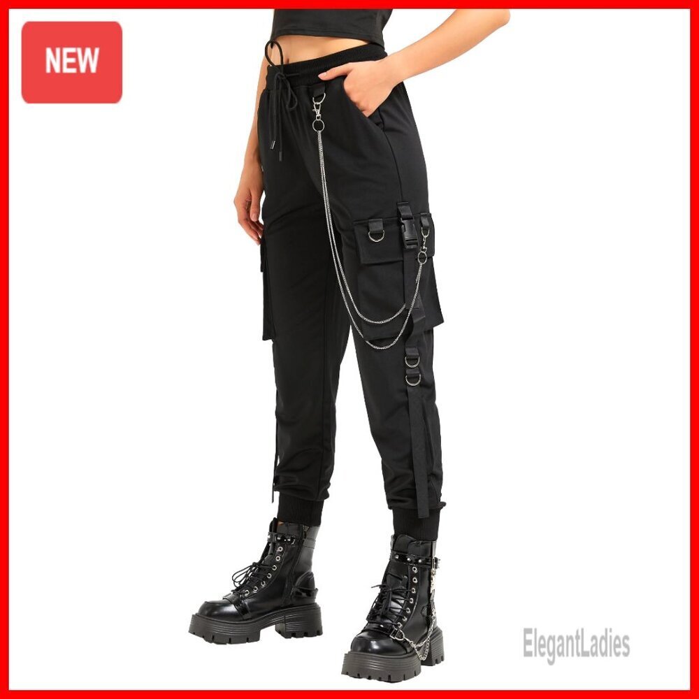 High-Waist Cargo Pants with Chain Details, Loose Fit for Casual Street Style